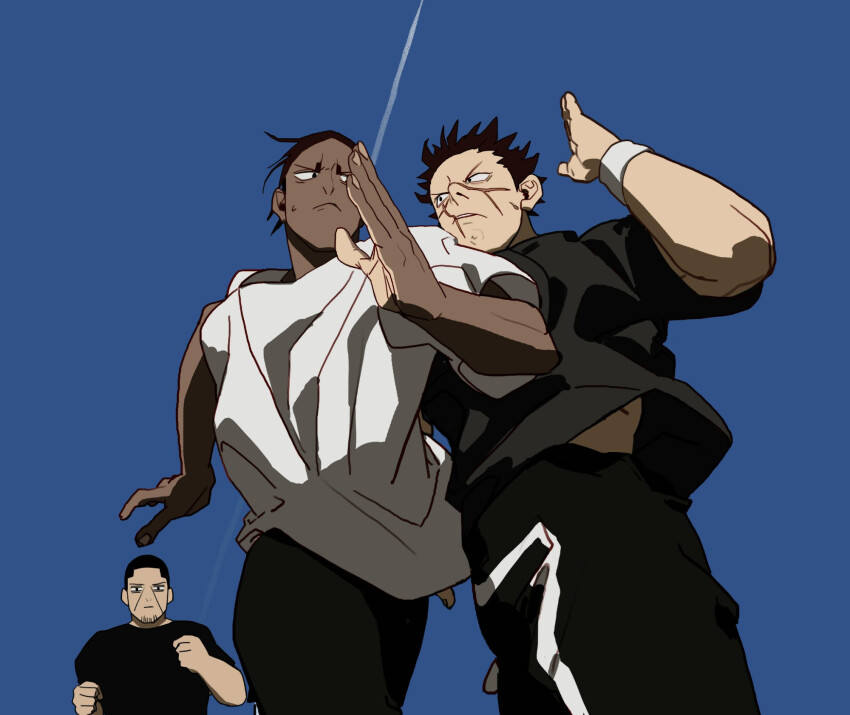 3boys :&lt; arm_up armband black_hair black_pants black_shirt blue_sky closed_mouth contrail dark-skinned_male dark_skin expressionless facial_hair galeblack golden_kamuy highres koito_otonoshin male_focus midriff_peek multicolored_hair multiple_boys pants parted_lips running scar scar_on_face shirt short_hair short_sleeves sky streaked_hair sugimoto_saichi sweat t-shirt tsukishima_hajime very_short_hair white_armband