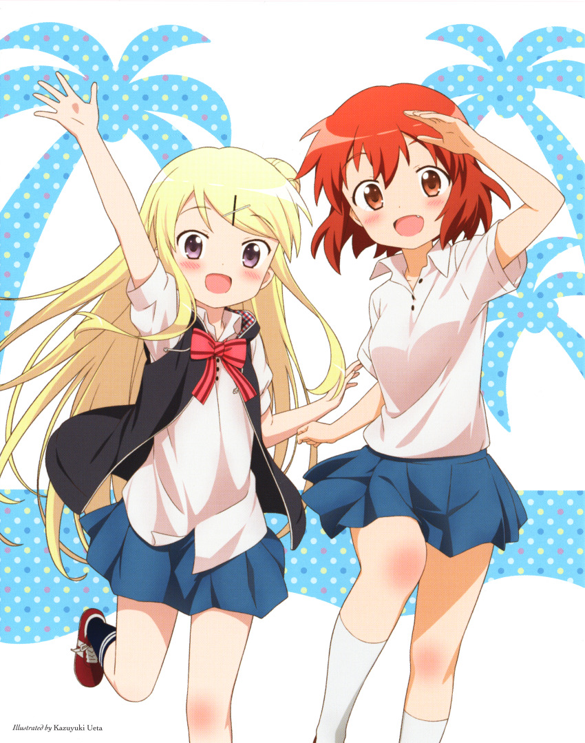 2girls :d absurdres arm_up artist_name black_vest blonde_hair blue_skirt blue_socks blush bow bowtie brown_eyes brown_hair collared_shirt fang hair_bun hair_ornament hairclip highres inokuma_youko kin-iro_mosaic kujou_karen looking_at_viewer miniskirt moegi_high_school_uniform multiple_girls non-web_source official_art open_mouth pink_bow pink_bowtie pleated_skirt purple_eyes red_shoes scan school_uniform shirt shoes short_hair short_sleeves single_hair_bun skirt smile socks standing standing_on_one_leg striped_bow striped_bowtie striped_clothes summer_uniform ueta_kazuyuki vest white_shirt white_socks x_hair_ornament