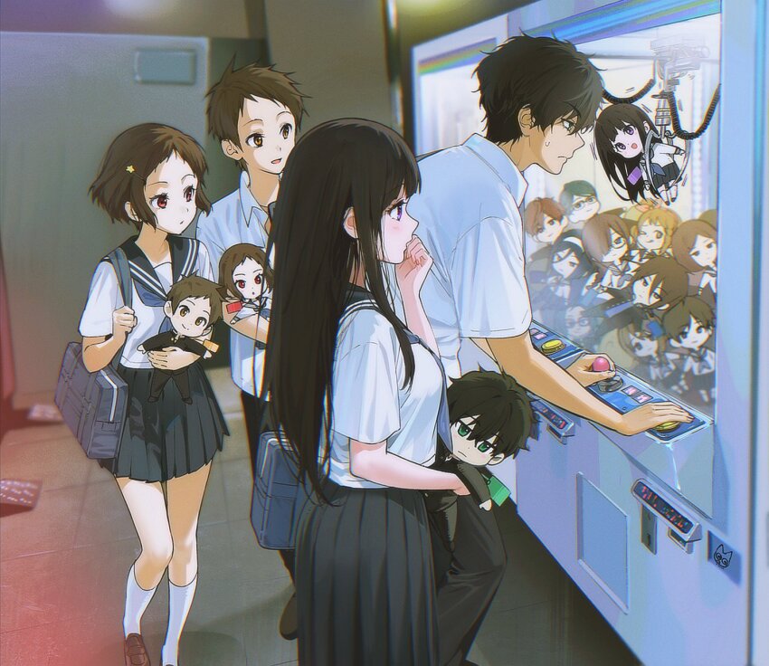 2boys 2girls :d bag black_hair black_pants black_sailor_collar black_skirt brown_hair character_doll chitanda_eru crane_game doll fukube_satoshi green_eyes hand_up highres hyouka ibara_mayaka kneehighs long_hair mery_(yangmalgage) multiple_boys multiple_girls open_mouth oreki_houtarou pants pleated_skirt purple_eyes sailor_collar school_uniform serafuku shirt short_hair short_sleeves shoulder_bag skirt smile socks white_shirt white_socks