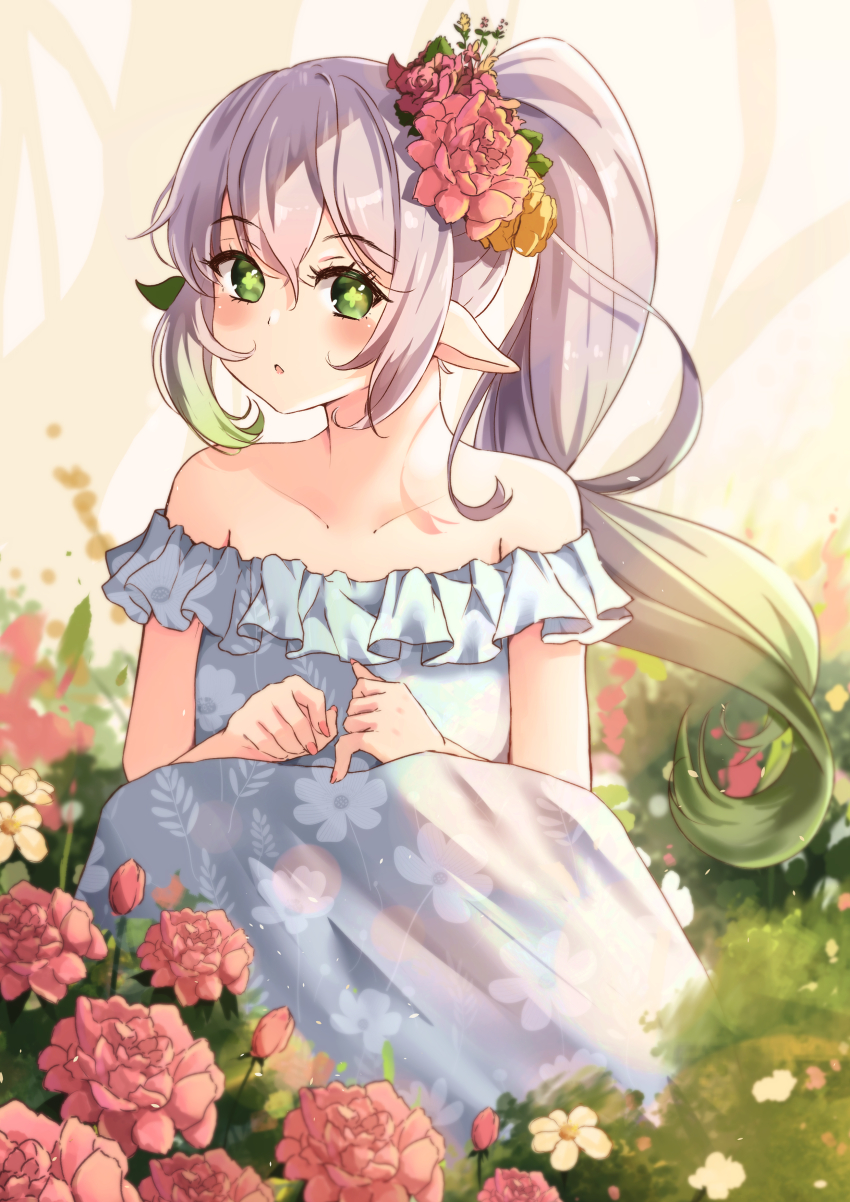 1girl :o absurdres blush collarbone commentary cross-shaped_pupils dress floral_print flower frilled_dress frills genshin_impact gradient_hair green_eyes green_hair grey_dress grey_hair hair_between_eyes hair_flower hair_ornament highres holmemee long_hair multicolored_hair nahida_(genshin_impact) nail_polish off-shoulder_dress off_shoulder parted_lips pink_flower pink_nails pointy_ears print_dress side_ponytail solo squatting symbol-only_commentary symbol-shaped_pupils very_long_hair yellow_flower