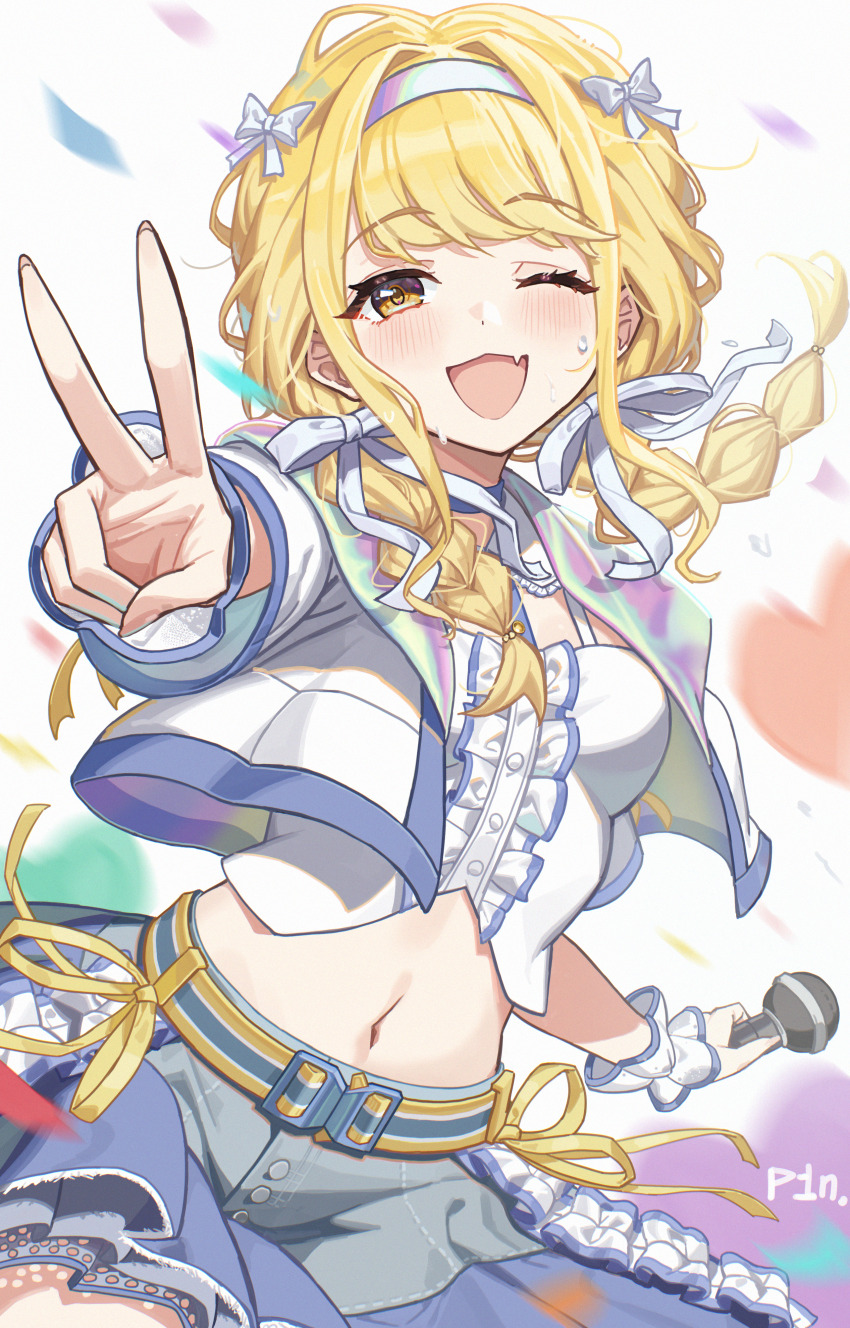 1girl ;d absurdres blonde_hair braid center_frills confetti cropped_jacket cropped_shirt fang foreshortening frilled_wristband frills fujita_kotone gakuen_idolmaster hair_ribbon highres holding holding_microphone idolmaster long_hair looking_at_viewer microphone midriff navel one_eye_closed open_mouth p1n ribbon sekaiichi_kawaii_watashi_(idolmaster) skin_fang smile solo sweat twin_braids v white_ribbon yellow_eyes