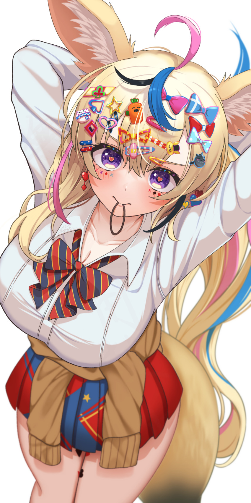 1girl absurdres ahoge animal_ears arms_behind_head arms_up asymmetrical_hair benjamin_1kt black_hair blonde_hair blue_bow blue_bowtie blue_hair blue_skirt blush bow bowtie breasts character_hair_ornament cleavage closed_mouth clothes_around_waist club_hair_ornament collarbone collared_shirt commentary daifuku_(yukihana_lamy) decora diagonal-striped_bow diagonal-striped_bowtie diagonal-striped_clothes diamond_earrings diamond_hair_ornament earrings english_commentary facial_tattoo feet_out_of_frame fox_ears fox_girl fox_tail from_above gyaru hair_ornament hair_tie_in_mouth hairclip heart heart-shaped_pupils heart_earrings heart_hair_ornament highres hololive jacket jacket_around_waist jewelry large_breasts leg_tattoo long_hair looking_at_viewer makeup mascara miniskirt mouth_hold multicolored_bow multicolored_bowtie multicolored_hair nekko_(momosuzu_nene) official_alternate_costume official_alternate_hair_length official_alternate_hairstyle omaru_polka omaru_polka_(school_uniform) pink_hair playing_card_theme pleated_skirt ponytail purple_eyes red_bow red_bowtie red_skirt school_uniform shirt simple_background skirt solo spade_hair_ornament ssrb_(shishiro_botan) standing star_(symbol) star_hair_ornament streaked_hair striped_clothes symbol-shaped_pupils tail tattoo too_many_hair_ornaments two-tone_skirt virtual_youtuber white_background white_shirt wing_collar yellow_jacket zain_(omaru_polka)