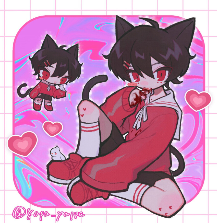 1boy abstract_background ahoge animal_ears bird black_hair blood border cat_boy cat_ears cat_tail chibi chibi_inset commission grid heart highres original red_eyes school_uniform signature sitting tail trap twitter_username yappari