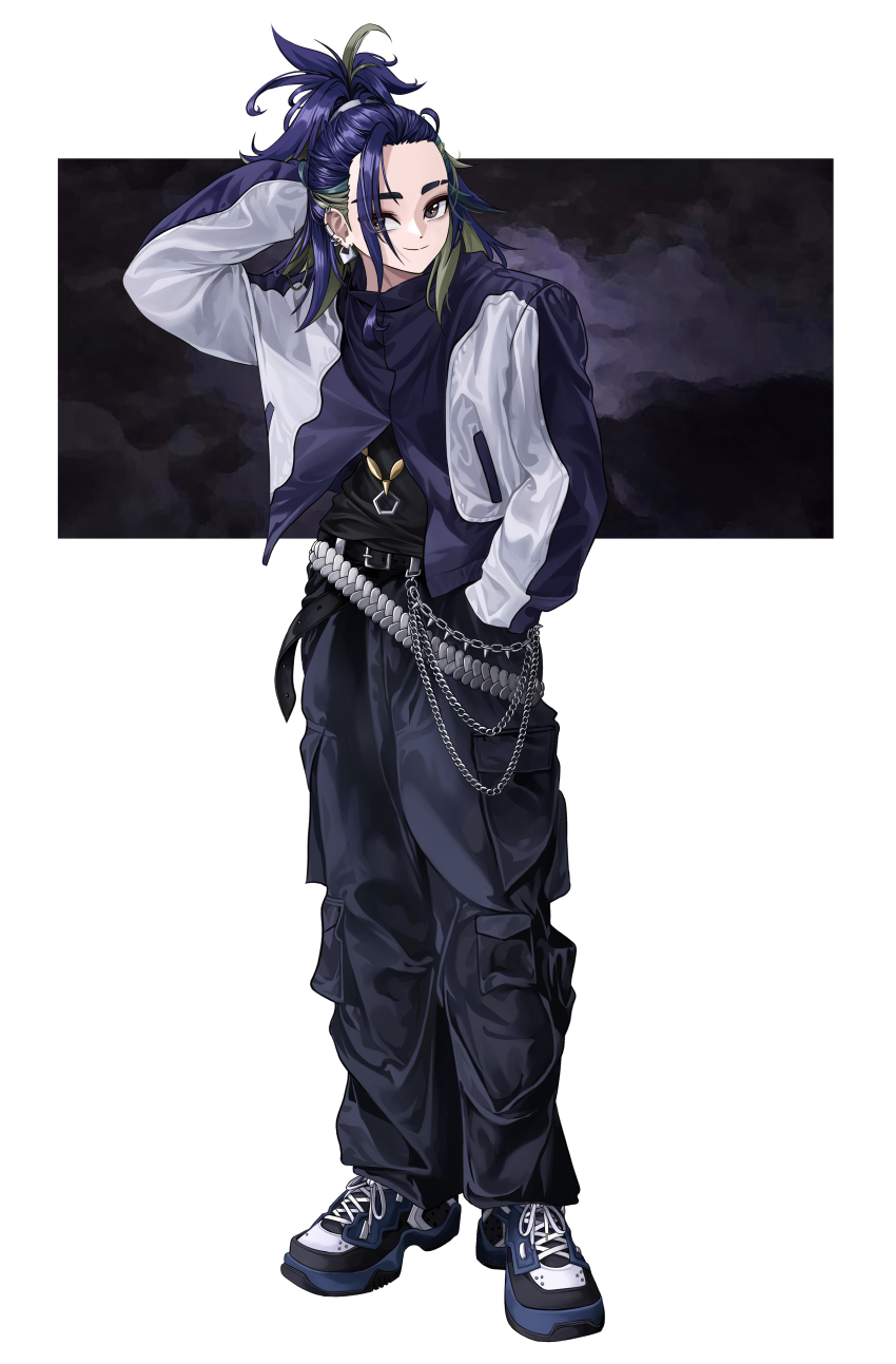 1boy absurdres adaman_(pokemon) alternate_costume belt black_shirt blue_hair brown_eyes chain closed_mouth commentary_request dorosi033 eyebrow_cut full_body green_hair hand_in_pocket hand_up happy highres jacket long_sleeves male_focus multicolored_hair nintendo pants pokemon pokemon_legends:_arceus shirt shoes smile sneakers solo standing two-tone_hair