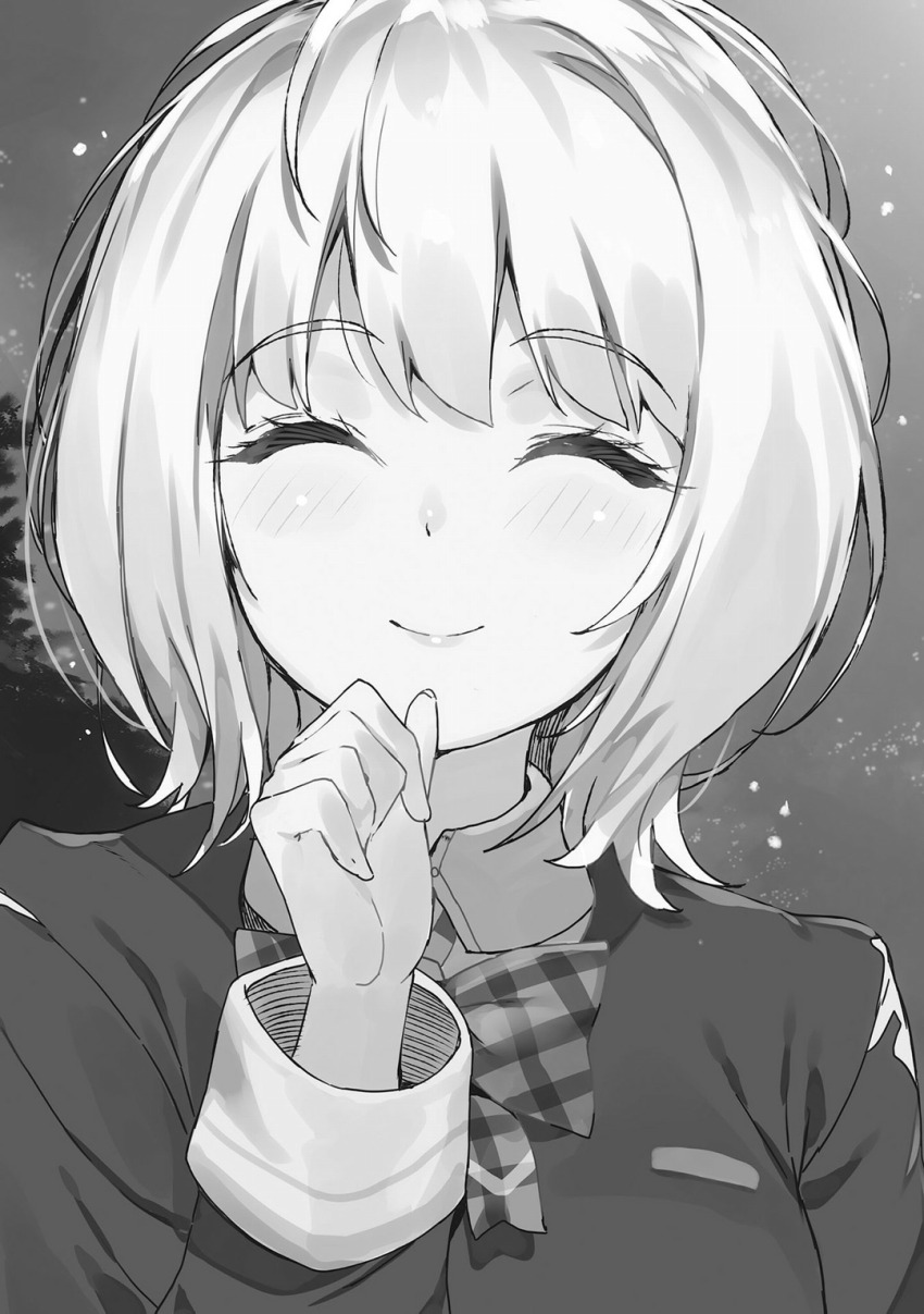 1girl blush bob_cut bow breasts clenched_hands closed_eyes closed_mouth collared_shirt dorothy_goat greyscale hair_between_eyes hand_on_own_chin hand_up highres jacket kanzen_muken_no_shinjin_majutsusei large_breasts lips long_sleeves looking_at_viewer monochrome nauribon night night_sky non-web_source novel_illustration official_art outdoors plaid_bow school_uniform shirt short_hair sky smile star_(sky) tree