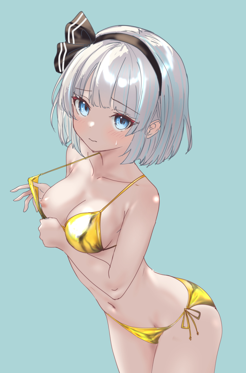 1girl bikini bikini_top_aside black_hairband blue_eyes blush breasts collarbone commentary gold_bikini green_eyes groin hairband highres konpaku_youmu looking_at_viewer medium_breasts navel nipples one_breast_out short_hair side-tie_bikini_bottom simple_background soara_shimomo solo stomach swimsuit touhou