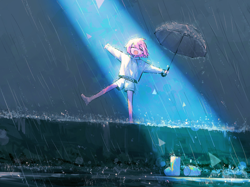 1boy :d absurdres barefoot closed_eyes commentary_request drawstring full_body highres holding holding_umbrella hood hoodie light_rays long_sleeves male_focus open_mouth original outdoors outstretched_arms pink_hair rain raito-kun_(uenomigi) short_hair shorts smile solo spread_arms standing standing_on_one_leg sunbeam sunlight uenomigi umbrella v-shaped_eyebrows variant_set white_hoodie white_shorts