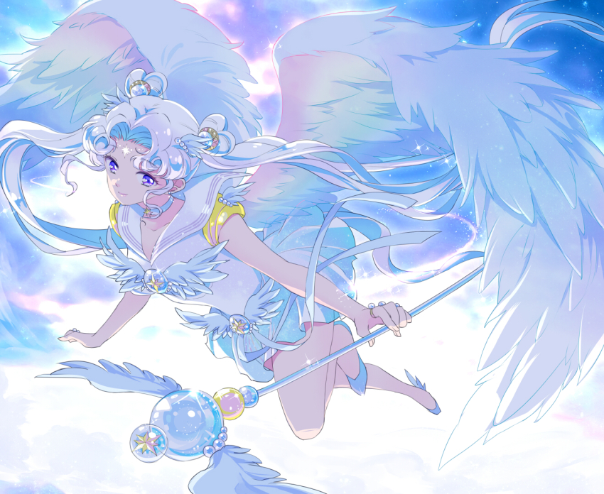 bare_legs bishoujo_senshi_sailor_moon bishoujo_senshi_sailor_moon_stars choker closed_mouth double_bun dress facial_mark feathered_wings flying forehead_mark full_body hair_bun hair_ornament jewelry long_hair parted_bangs purple_eyes ring sailor_collar sailor_cosmos saki_(hxaxcxk) short_dress short_sleeves staff twintails very_long_hair white_choker white_dress white_hair white_sailor_collar white_wings wings