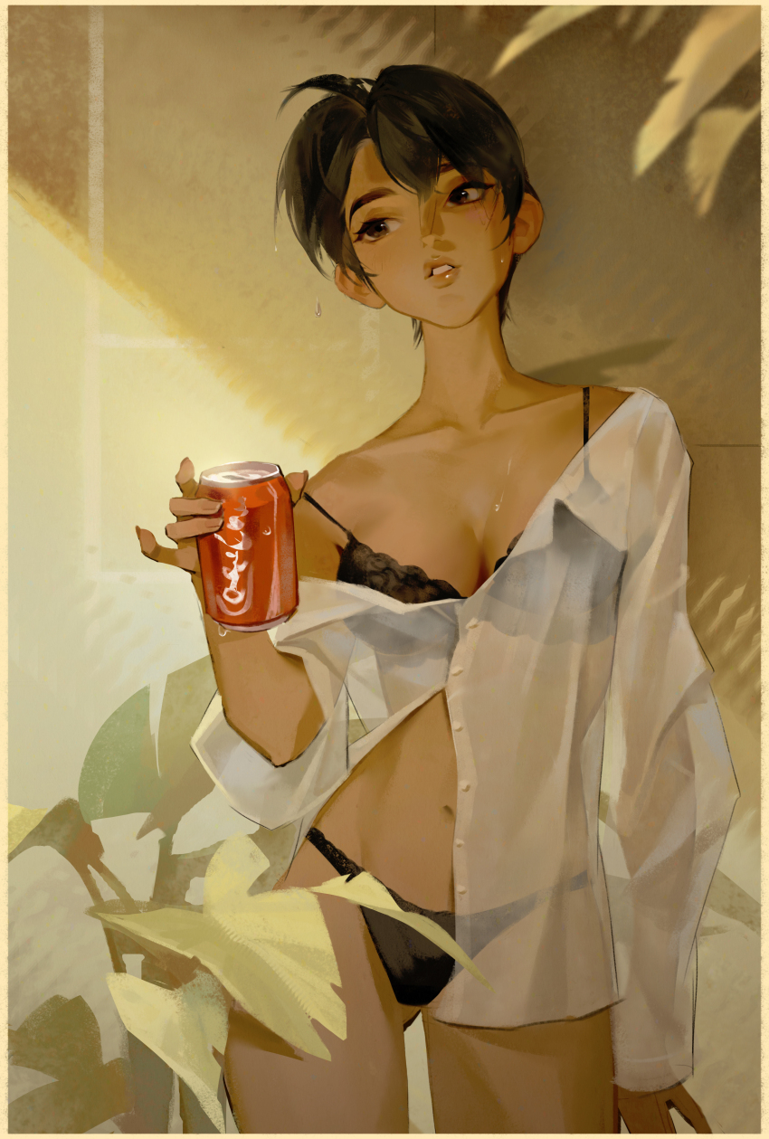1girl 3hn4lp51od66u60 absurdres against_wall anachronism arm_at_side berserk black_bra black_hair black_panties border bra brown_border brown_eyes can casca_(berserk) coca-cola collarbone contrapposto cowboy_shot dark-skinned_female dark_skin drink drink_can dripping eyelashes gluteal_fold hand_on_wall hand_up hashtag-only_commentary highres holding holding_can holding_drink lace lace-trimmed_panties lace_bra lace_trim lingerie lips long_sleeves looking_to_the_side midriff navel panties parted_lips partially_open_shirt partially_unbuttoned plant see-through_clothes see-through_shirt shirt short_hair soda_can solo standing sweat swept_bangs thick_eyebrows tomboy underwear very_short_hair white_shirt