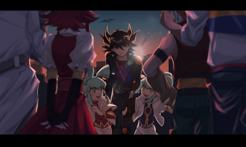 2girls 5boys black_gloves black_hair blonde_hair blue_jacket blue_shirt blurry blurry_foreground brown_vest bruno_(yu-gi-oh!) commentary_request crow_hogan dress fingerless_gloves fudo_yusei gloves grey_hair highres hood hooded_jacket izayoi_aki jack_atlas jacket lua_(yu-gi-oh!) luca_(yu-gi-oh!) male_focus medium_hair multicolored_hair multiple_boys multiple_girls open_clothes open_jacket pink_jacket red_dress red_hair red_shirt shirt solo_focus spiked_hair srhdkn sunset two-tone_hair vest yellow_eyes yu-gi-oh! yu-gi-oh!_5d&#039;s