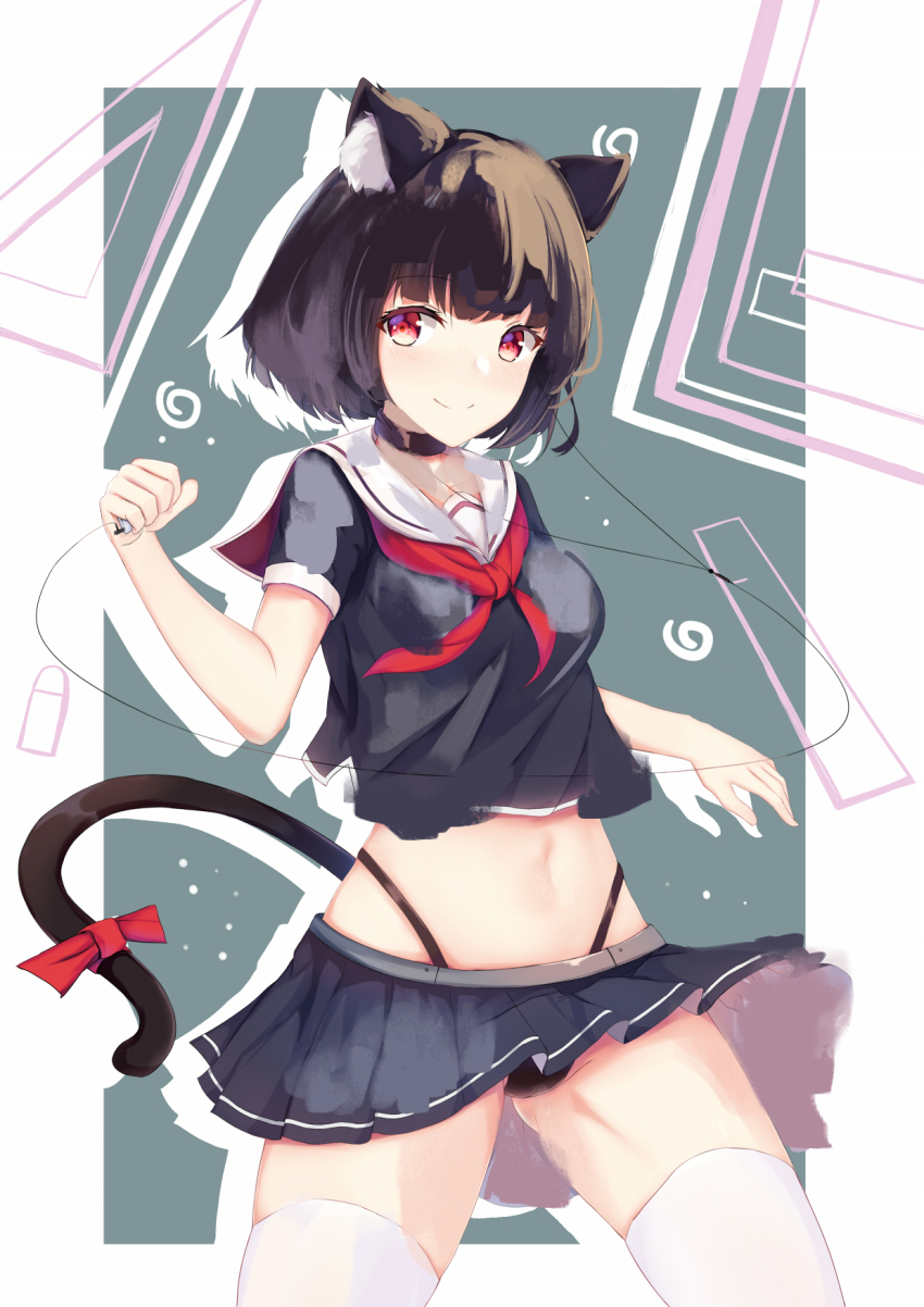 1girl airool animal_ear_fluff animal_ears azur_lane black_choker black_hair black_panties black_serafuku black_shirt black_skirt blush bow breasts cable cat_ears cat_girl cat_tail chinese_commentary choker closed_mouth collarbone commentary_request digital_media_player gluteal_fold groin highleg highleg_panties highres holding medium_breasts midriff navel neckerchief panties pleated_skirt red_bow red_eyes red_neckerchief revision sailor_collar school_uniform serafuku shirt short_hair short_sleeves skirt smile solo tail tail_bow tail_ornament thighhighs underwear white_sailor_collar white_thighhighs yamashiro_(azur_lane)