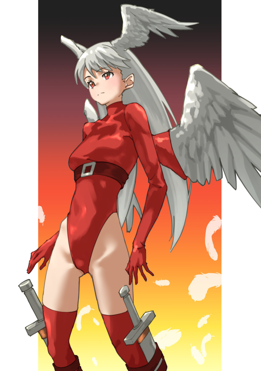 1girl absurdres angel_wings belt breasts commentary feathers final_fantasy final_fantasy_tactics gradient_background grey_hair head_wings highleg highleg_leotard highres leotard long_hair looking_away medium_breasts multiple_wings red_eyes red_leotard red_thighhighs simple_background solo square_enix sword tanabe_(fueisei) thighhighs ultima_(fft) weapon white_wings wings