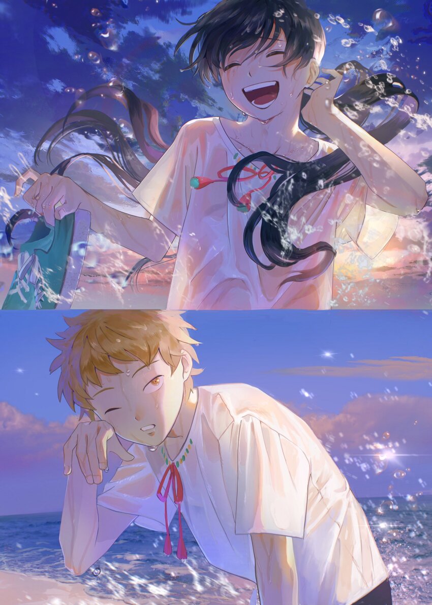 2boys androgynous aqua_shoes black_hair blonde_hair chakotata closed_eyes collarbone facing_viewer floating_hair hands_up highres holding_shoes horizon laughing leaning_forward long_hair looking_to_the_side male_focus multiple_boys nature ocean one_eye_closed open_mouth original ponytail ribbon see-through_silhouette shirt shoes shore short_hair short_sleeves sky split_screen sunlight swept_bangs t-shirt twilight unworn_shoes upper_body very_long_hair wet wet_clothes wet_shirt white_shirt wiping_face