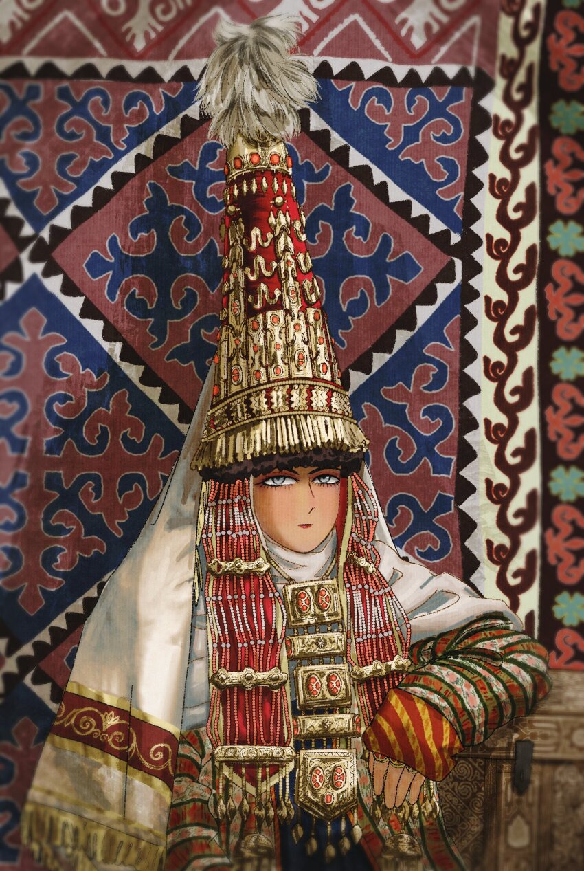 arm_rest bzhdojioshnme20 carpet closed_mouth grey_eyes hat highres kazakh_clothes kazakhstan looking_at_viewer otoyomegatari saukele tent