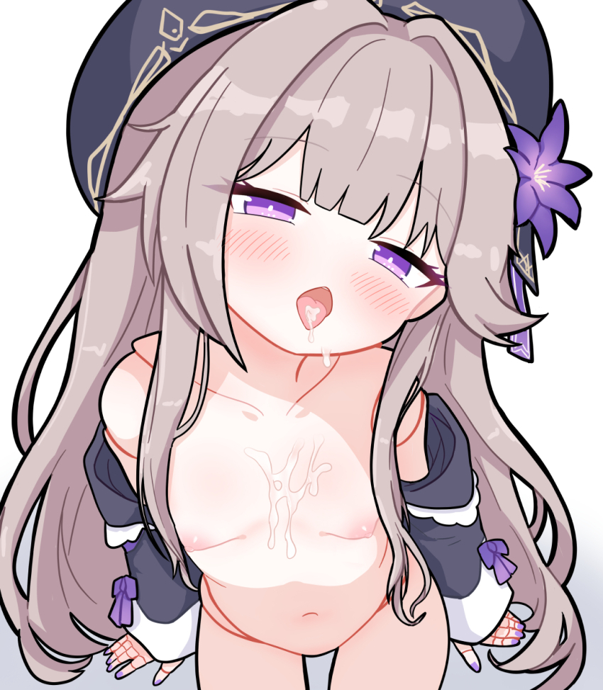1girl beret blush breasts brown_hair collarbone commentary cowboy_shot cum cum_in_mouth cum_on_chest doll_joints groin hat herta_(honkai:_star_rail) herta_(puppet)_(honkai:_star_rail) highres honkai:_star_rail honkai_(series) joints loli long_hair looking_at_viewer nipples no_nose nude open_mouth purple_eyes scarfy_(scarfy_chang) sidelocks small_breasts solo tongue tongue_out