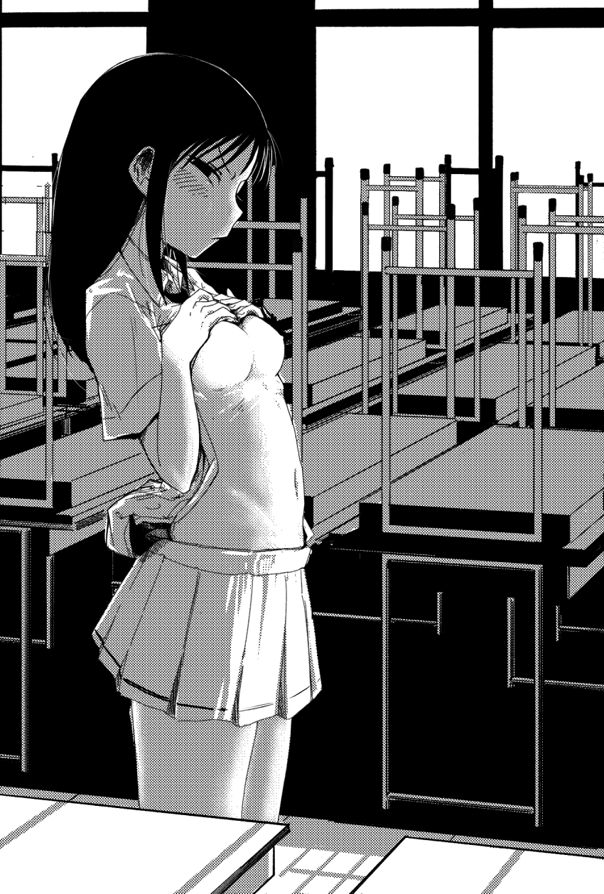 black_hair breasts classroom closed_mouth clothes_lift groin highres jitome long_hair medium_breasts miniskirt monochrome navel no_bra original school_uniform skirt tahataharrrrr