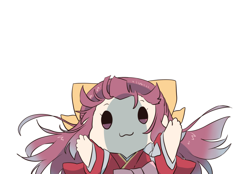 1girl anchor bow chibi hair_bow hakama hakama_skirt highres japanese_clothes kamikaze_(kancolle) kantai_collection kimono long_hair meiji_schoolgirl_uniform nami_nami_(belphegor-5812) pink_hakama purple_eyes purple_hair red_kimono skirt solo yellow_bow