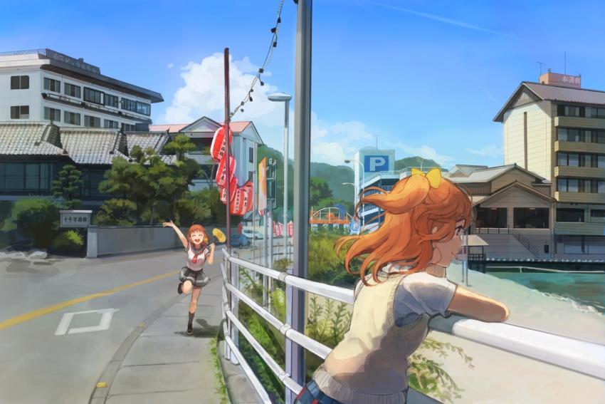 2girls ^_^ ^o^ against_railing arm_up beach beniko08 birthday black_skirt black_socks blue_eyes bow building closed_eyes cloud commentary commentary_request hair_bow hand_fan highres in-franchise_crossover inn kneehighs kosaka_honoka lamppost lantern leaning_forward looking_afar love_live! love_live!_school_idol_project love_live!_sunshine!! multiple_girls neckerchief ocean one_side_up orange_hair otonokizaka_school_uniform outdoors paper_fan paper_lantern profile railing real_world_location road running school_uniform serafuku shirt shore short_sleeves skirt sky smile socks sweater_vest takami_chika trait_connection uchiura uchiwa uranohoshi_school_uniform waving white_shirt wind