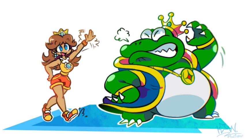 1girl annoyed blue_eyes breasts breasts_out brown_hair cape claws crown frog grin hand_up highres long_hair looking_at_another mario_(series) mario_golf mario_tennis medium_breasts nintendo princess_daisy shorts smile super_mario_bros._2 tomboy walking wart_(mario)