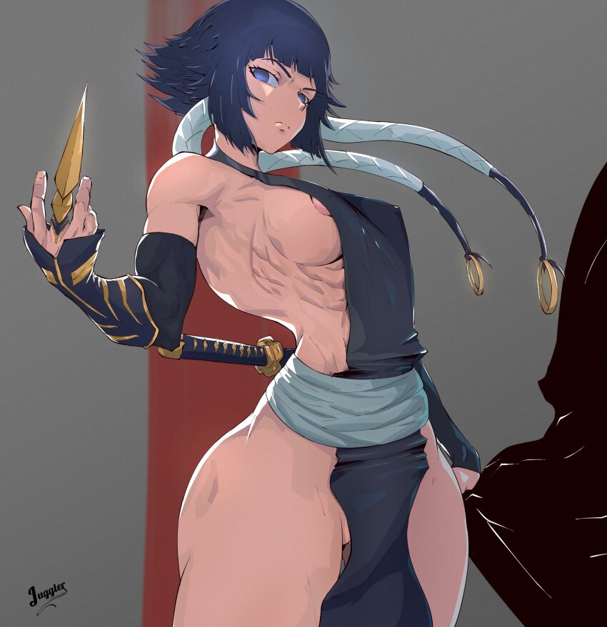 1girl absurdres areola_slip armpits black_eyes black_hair bleach braid breasts claws cleft_of_venus highres juggler_(sun_juggler) katana looking_at_viewer medium_breasts medium_hair no_panties pussy pussy_peek revealing_clothes sideboob solo standing sui-feng sword toned toned_female twin_braids weapon