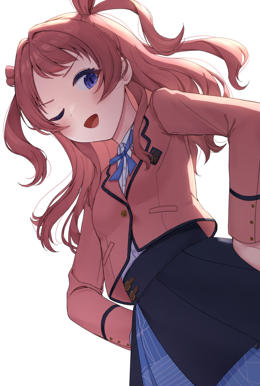1girl absurdres asigaru3000 blue_eyes blue_overskirt blue_ribbon blue_skirt brown_hair cropped_jacket gakuen_idolmaster hair_intakes hanami_saki hands_on_own_hips hatsuboshi_gakuen_school_uniform highres idolmaster jacket long_hair long_sleeves neck_ribbon one_eye_closed open_mouth overskirt pink_jacket ribbon school_uniform shirt simple_background skirt solo two_side_up white_background white_shirt