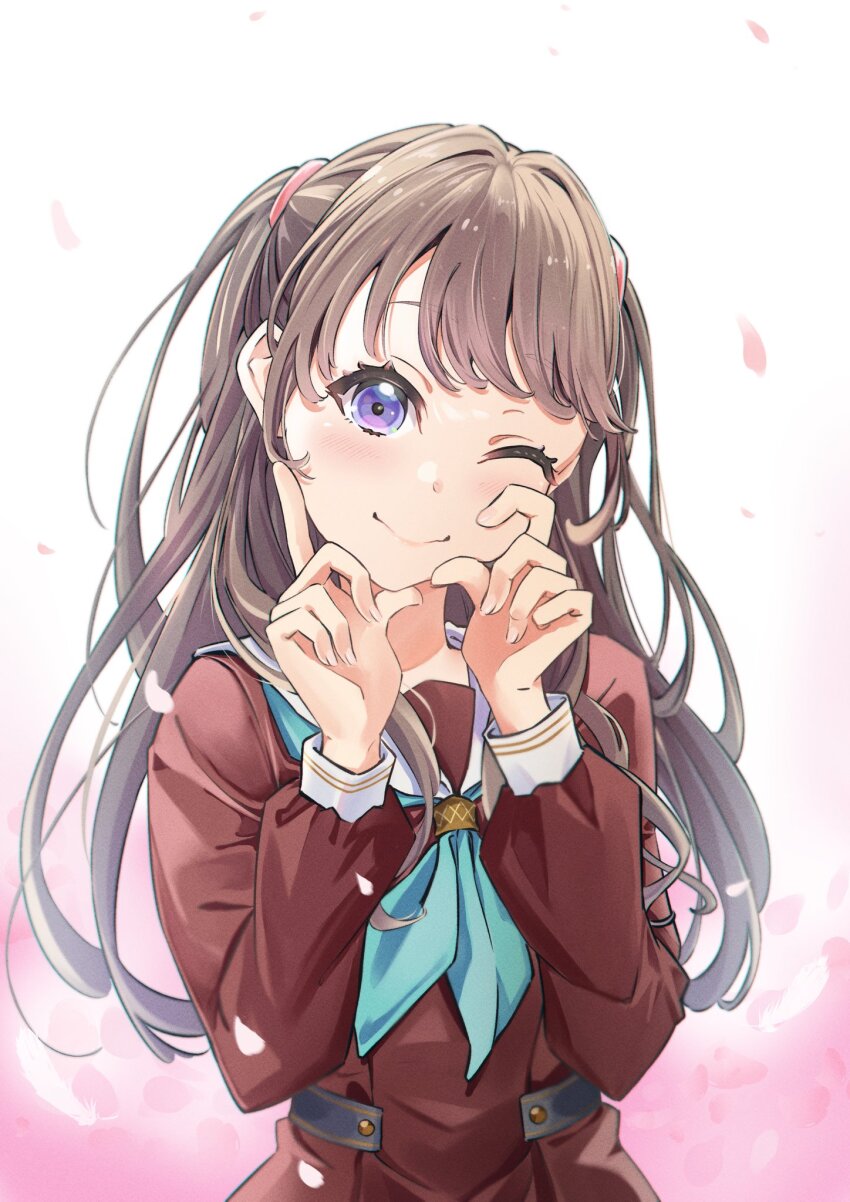 1girl ;) aqua_neckerchief blush brown_dress brown_hair closed_mouth commentary_request dress falling_feathers feathers frontrivers_kae fujishima_megumi gradient_background half-heart_hands hand_on_own_cheek hand_on_own_chin hand_on_own_face hasu_no_sora_school_uniform highres link!_like!_love_live! long_hair long_sleeves looking_at_viewer love_live! neckerchief one_eye_closed pink_background pleated_dress purple_eyes sailor_collar sailor_dress school_uniform smile solo split_mouth two_side_up upper_body virtual_youtuber white_feathers white_sailor_collar winter_uniform