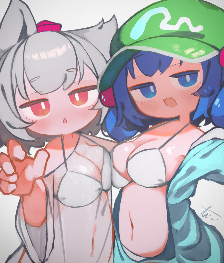 2girls absurdres animal_ears bikini blue_eyes blue_hair breast_press breasts bright_pupils chii_(tsumami_tsumamare) cleavage commentary fang flat_cap green_hat grey_background grey_hair hat highres inubashiri_momiji kawashiro_nitori large_breasts long_sleeves looking_at_viewer multiple_girls navel open_mouth reaching reaching_towards_viewer red_eyes red_hat short_hair simple_background skin_fang swimsuit symmetrical_docking tokin_hat touhou upper_body white_bikini white_pupils wolf_ears wolf_girl