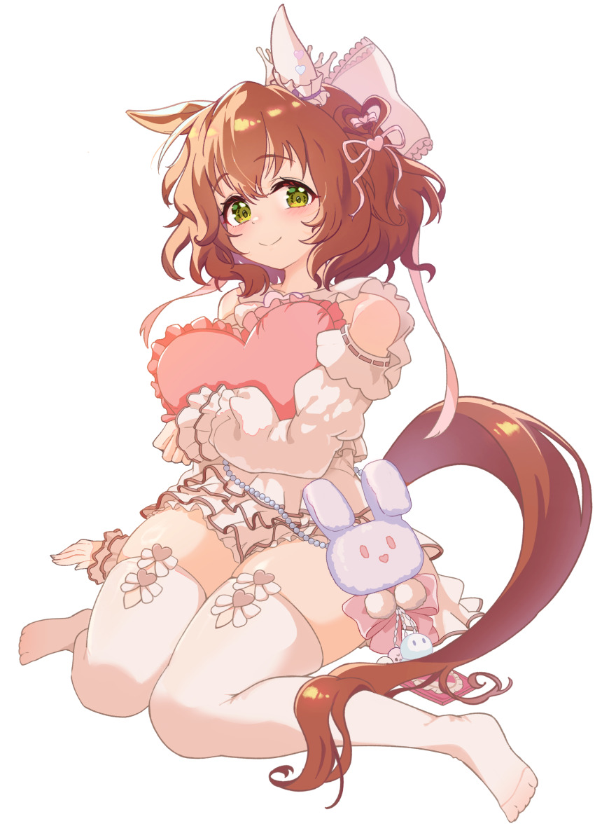 1girl absurdres animal_ears aston_machan_(everlasting_candy)_(umamusume) aston_machan_(umamusume) brown_hair candy commentary_request dress food green_eyes heart highres horse_ears horse_girl long_sleeves modi no_shoes official_alternate_costume short_hair simple_background sitting solo thighhighs umamusume valentine wariza white_background white_dress white_thighhighs