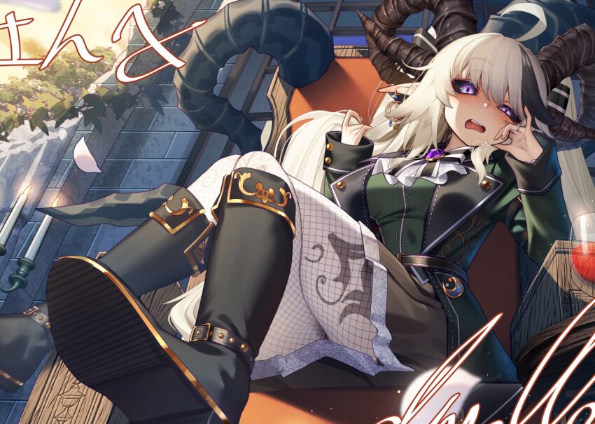 1girl belt black_belt black_boots black_bow black_bowtie black_hair black_horns black_sclera boots bow bowtie cluseller colored_sclera dress earrings fishnet_pantyhose fishnets green_dress grey_skirt hair_bow highres horns jewelry long_hair mugetsu_kisaragi multicolored_hair pantyhose pointy_ears purple_brooch purple_eyes ring sitting skirt solo streaked_hair two-tone_bow two-tone_bowtie vrchat white_bow white_bowtie white_hair white_pantyhose
