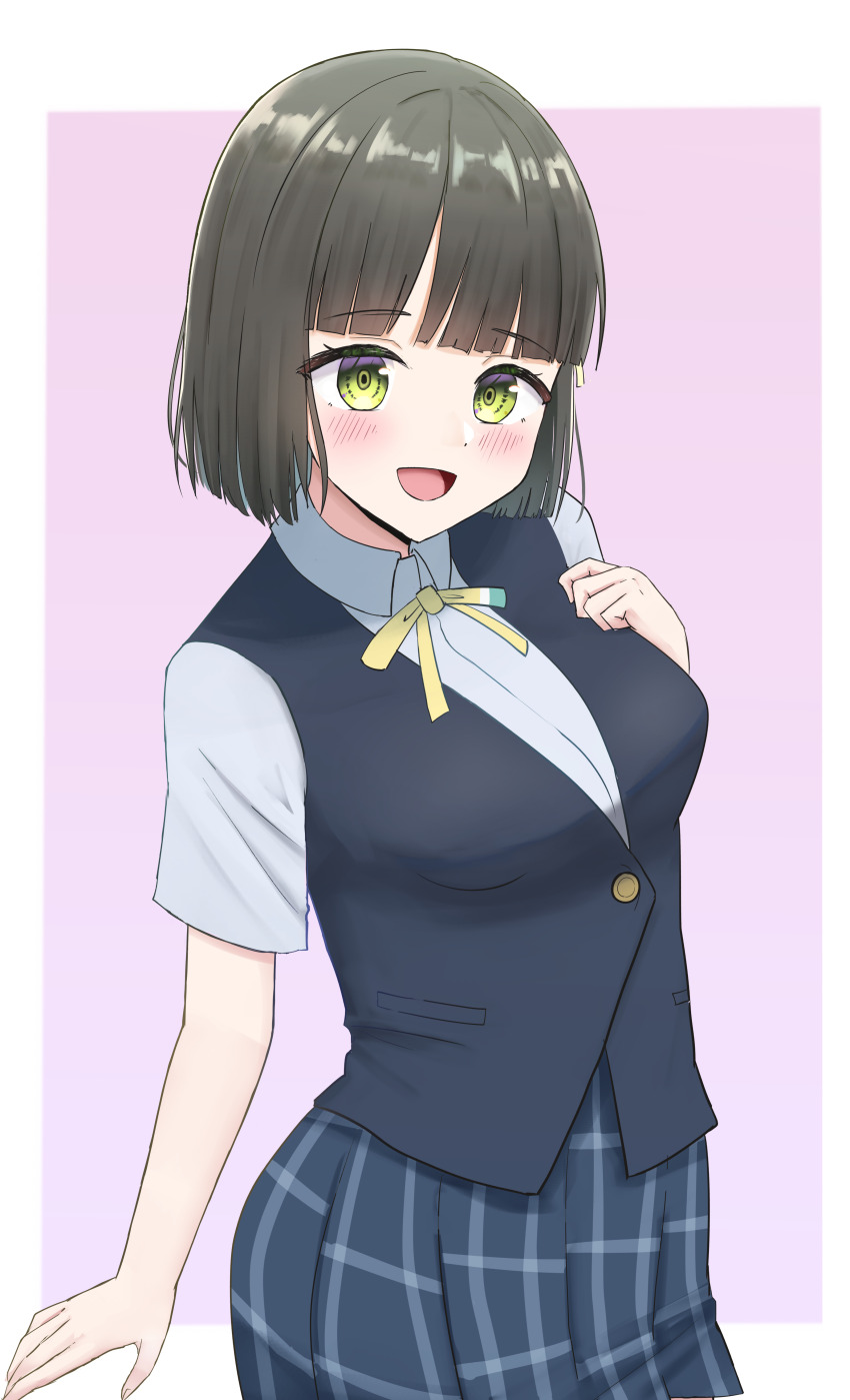 1girl :d absurdres alternate_costume black_hair black_vest blue_shirt blue_skirt blunt_bangs blunt_ends bob_cut border breasts collared_shirt commentary cosplay cowboy_shot dress_shirt green_eyes highres large_breasts link!_like!_love_live! look-alike love_live! love_live!_nijigasaki_high_school_idol_club mifune_shioriko mifune_shioriko_(cosplay) miniskirt momose_ginko neck_ribbon nijigasaki_school_uniform open_mouth outside_border panaham pink_background plaid_clothes plaid_skirt pleated_skirt ribbon school_uniform shirt short_hair short_sleeves simple_background skirt smile solo standing summer_uniform trait_connection vest virtual_youtuber white_border yellow_ribbon