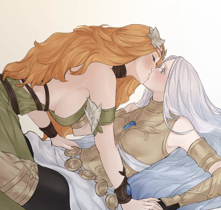 armband armor astraea_010 between_legs black_pantyhose blue_eyes blush closed_eyes commentary_request dress final_fantasy final_fantasy_xiv gradient_background green_dress halone hand_on_another&#039;s_thigh highres holding_hands korean_commentary long_hair nophica orange_hair pantyhose skirt white_background white_hair white_skirt yellow_background yuri
