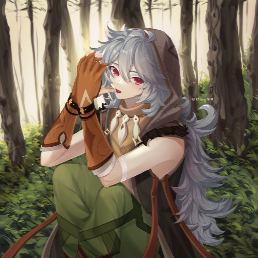 1boy absurdres ahoge den99 forest genshin_impact gloves grey_hair hair_between_eyes highres holding hood hood_up long_hair male_focus nature original pants razor_(genshin_impact) red_eyes scar scar_on_face solo tongue tongue_out white_hair