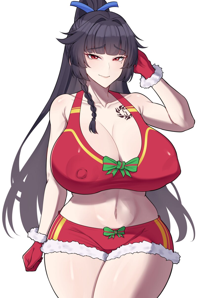 1girl absurdres band-width black_hair blue_ribbon bow braid breasts chest_tattoo closed_mouth collarbone commission covered_erect_nipples fur-trimmed_gloves fur-trimmed_shorts fur_trim gloves green_bow hair_ribbon highres large_breasts long_hair mole mole_under_eye navel ponytail red_eyes red_gloves red_shorts ribbon shadow shorts smile solo tatakau_ni_atai_suru tattoo white_background yamaguchi_ryoko