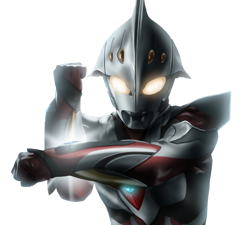 1boy absurdres alien arm_blade armor arms_up clenched_hands color_timer commentary compound_eyes crossed_wrists dorsal_fin gauntlets glowing glowing_eyes highres looking_down male_focus no_humans overexposure shoulder_armor simple_background solo tokusatsu ultra_series ultraman_nexus ultraman_nexus_(series) ultraman_nexus_junis upper_body weapon white_background yellow_eyes yoshifuto