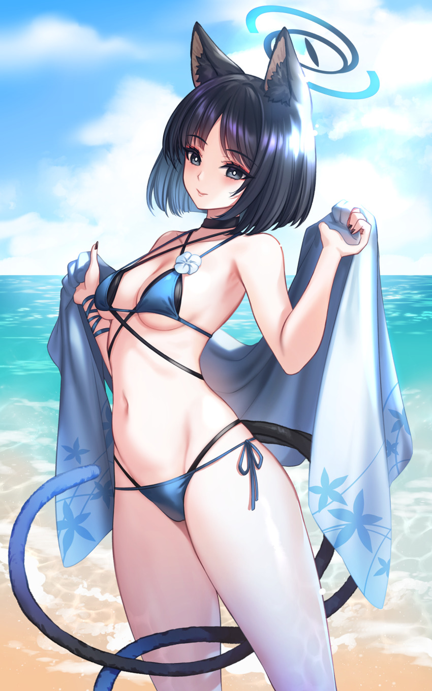 1girl animal_ear_fluff animal_ears bare_shoulders beach bikini black_eyes black_hair black_nails blue_archive blue_bikini blue_halo blue_haori breasts bright_pupils cat_ears cat_girl cat_tail closed_mouth halo haori highres japanese_clothes kikyou_(blue_archive) kikyou_(swimsuit)_(blue_archive) looking_at_viewer medium_breasts multiple_tails navel ocean official_alternate_costume parted_bangs short_hair smile solo stomach swimsuit tail toriseru_(rare_stone) two_tails white_pupils