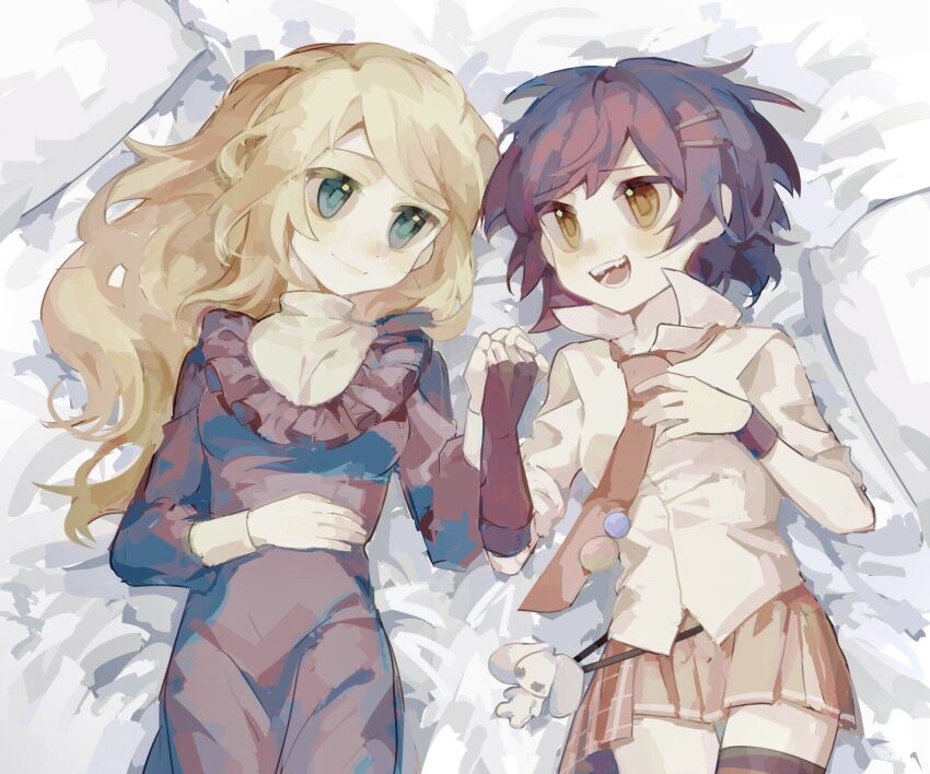 2girls blonde_hair blue_eyes collared_shirt cscarus dress highres holding_hands kure_kirika lying mahou_shoujo_madoka_magica mahou_shoujo_oriko_magica medium_hair mikuni_oriko miniskirt multiple_girls necktie on_back on_bed open_mouth purple_dress red_necktie shirt skirt white_shirt yuri