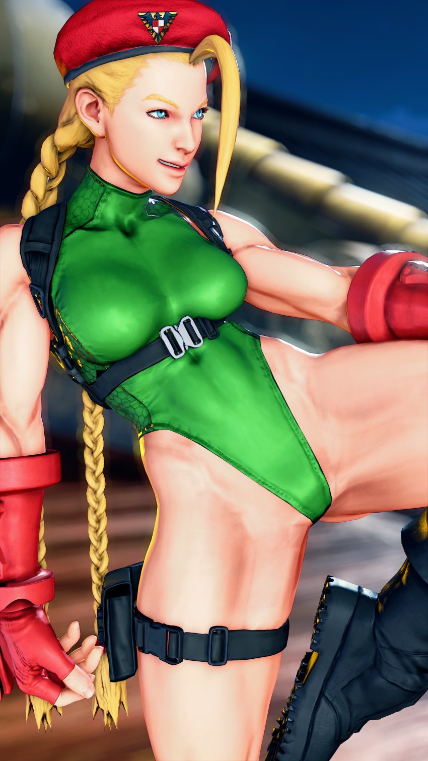 1girl 3d absurdres antenna_hair bare_shoulders blonde_hair blue_eyes braid breasts cammy_white covered_navel curvy gloves green_leotard hat highleg highleg_leotard highres leg_up leotard lips long_hair looking_to_the_side medium_breasts red_gloves red_hat ryona screencap shiny_clothes solo standing standing_on_one_leg street_fighter street_fighter_v thighs third-party_edit thong_leotard twin_braids very_long_hair wide_hips