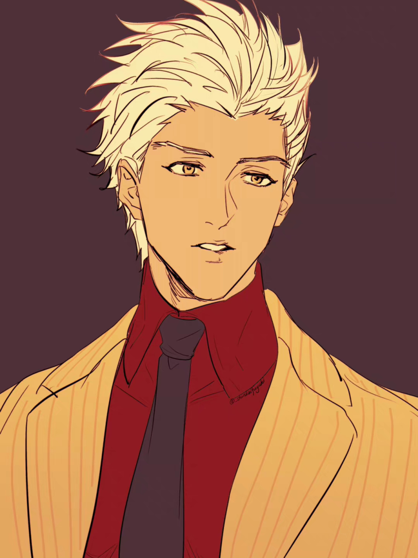 1boy archer_(exclusive_tailor)_(fate) archer_(fate) black_necktie commentary_request dark-skinned_male dark_skin fate/stay_night fate_(series) formal_clothes highres jacket male_focus necktie orange_eyes parted_lips portrait red_shirt shinkaifuyuki shirt solo striped_clothes striped_jacket suit white_hair white_suit widow&#039;s_peak