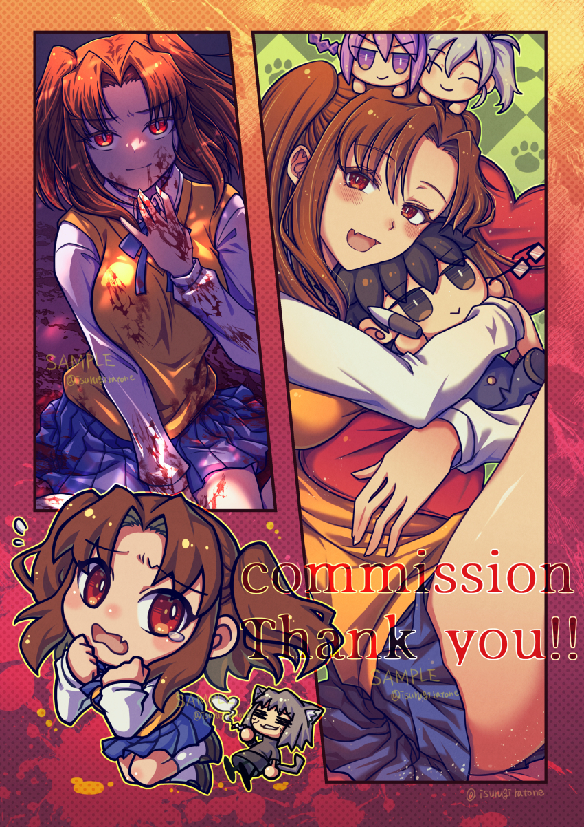 1boy 3girls absurdres blood blood_on_face blue_skirt braid braided_ponytail breasts brown_eyes brown_hair character_doll chibi commission doll fang half-closed_eyes highres hug isurugiratone large_breasts legs long_hair melty_blood miniskirt multiple_girls multiple_views neco-arc_chaos open_mouth pleated_skirt ponytail riesbyfe_stridberg sample_watermark shirt sion_eltnam_(type-moon) sion_eltnam_atlasia sitting skirt smile stuffed_toy sweater_vest thighs tohno_shiki tongue tsukihime twintails vgen_commission watermark white_shirt yellow_sweater_vest yumizuka_satsuki