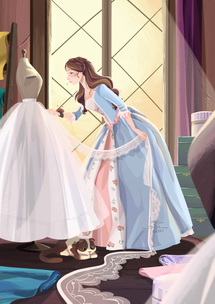 1girl barbie_(franchise) blue_dress blue_eyes braid brown_hair cat character_request closed_mouth commentary cross-laced_clothes cross-laced_dress crown_braid dress expressionless fabric floral_print frilled_sleeves frills full_body gown hair_half_over_shoulder highres holding indoors janepicaart lace leaning_forward lips long_dress long_hair long_skirt long_sleeves looking_at_another mannequin pink_lips pleated_skirt rose_print skirt solo standing symbol-only_commentary three-quarter_sleeves unworn_skirt wavy_hair white_skirt window wooden_floor