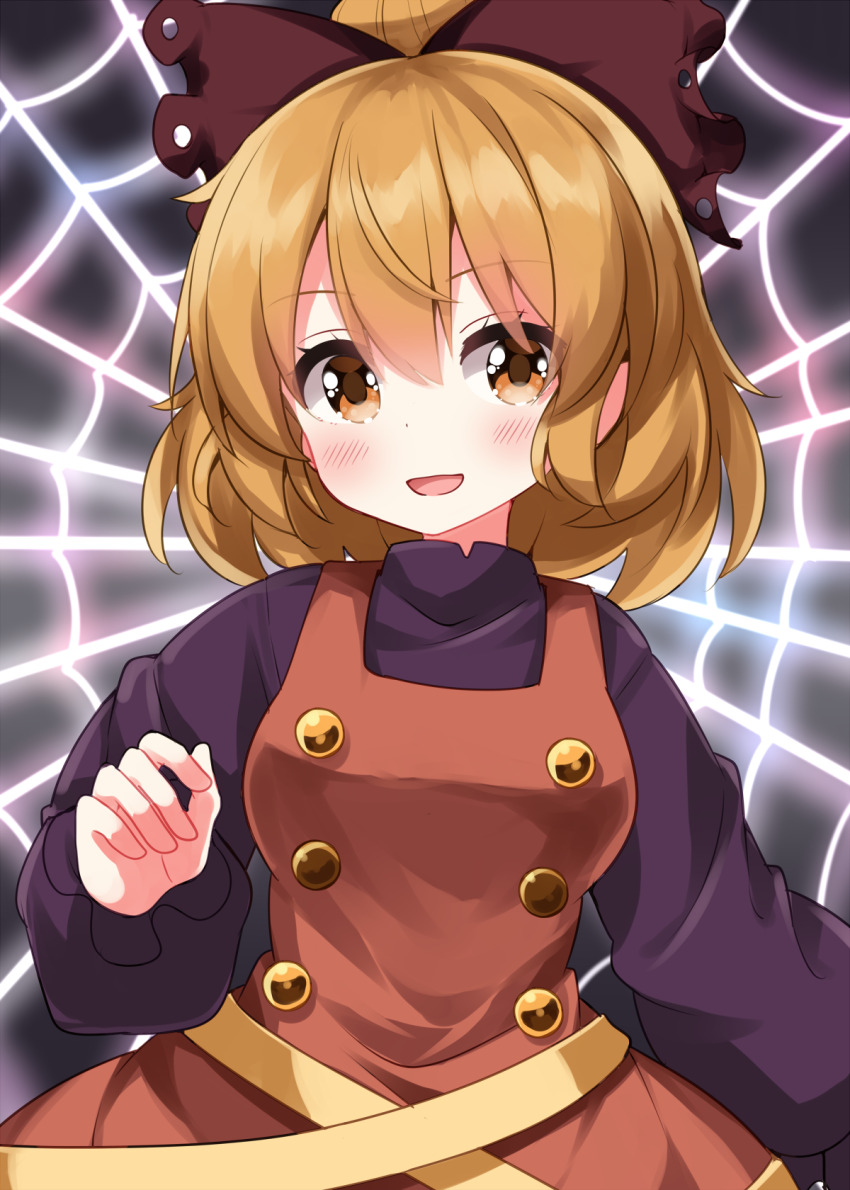 1girl :d blonde_hair blush bow brown_bow brown_dress commentary_request dress hair_between_eyes hair_bow hair_bun hand_up highres kurodani_yamame long_sleeves looking_at_viewer open_mouth pinafore_dress purple_shirt ribbon ruu_(tksymkw) shirt short_hair silk sleeveless sleeveless_dress smile solo spider_web touhou upper_body yellow_eyes yellow_ribbon