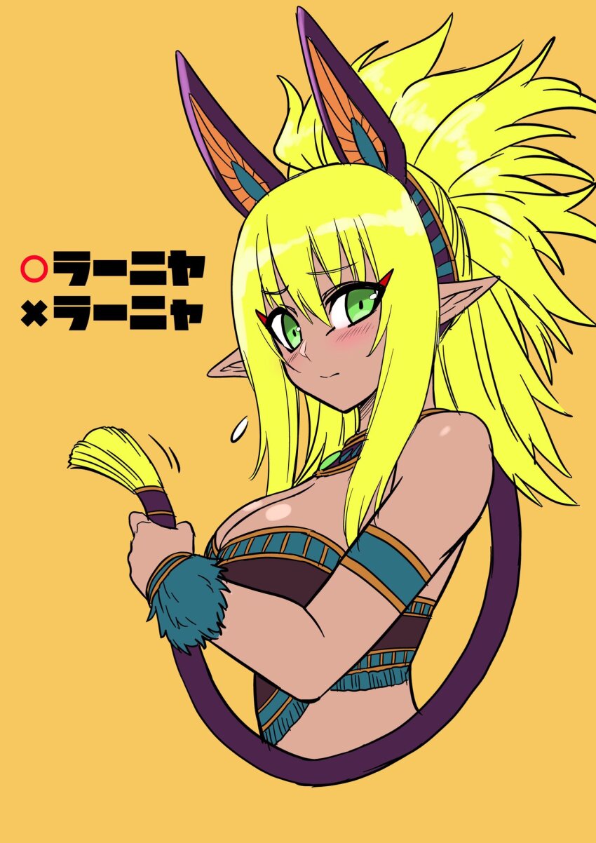 1girl bare_shoulders black_tube_top blonde_hair breasts character_request cleavage elf high_ponytail highres large_breasts long_hair nakayoshi_koyoshi orange_background pointy_ears ponytail ranya_(sentai_red_ga_isekai_de_boukensha_ni_naru) sentai_red_ga_isekai_de_boukensha_ni_naru simple_background solo strapless tube_top upper_body