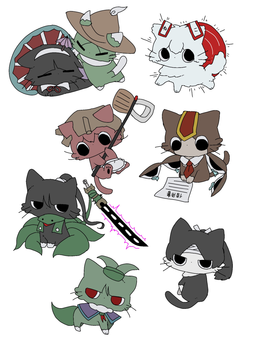 adagumo_no_saragimaru adagumo_no_yaorochi amanomiya_jun amanomori_shou animalization apron bandages black_cat brown_cat brown_headwear cat celeritas_lumen commentary_request earthen_miraculous_sword green_cat hairband helmet highres holding jinbei_(len&#039;en) katano_sukune katano_sukune&#039;s_bottle_opener kokutenshi_hibaru len&#039;en len&#039;en multiple_tails neck_ribbon no_humans ofuda paper prehensile_tail red_cat red_ribbon ribbon simple_background snake_tail tail tasouken torenn umbrella_hair_ornament white_apron white_background white_cat white_hairband wings