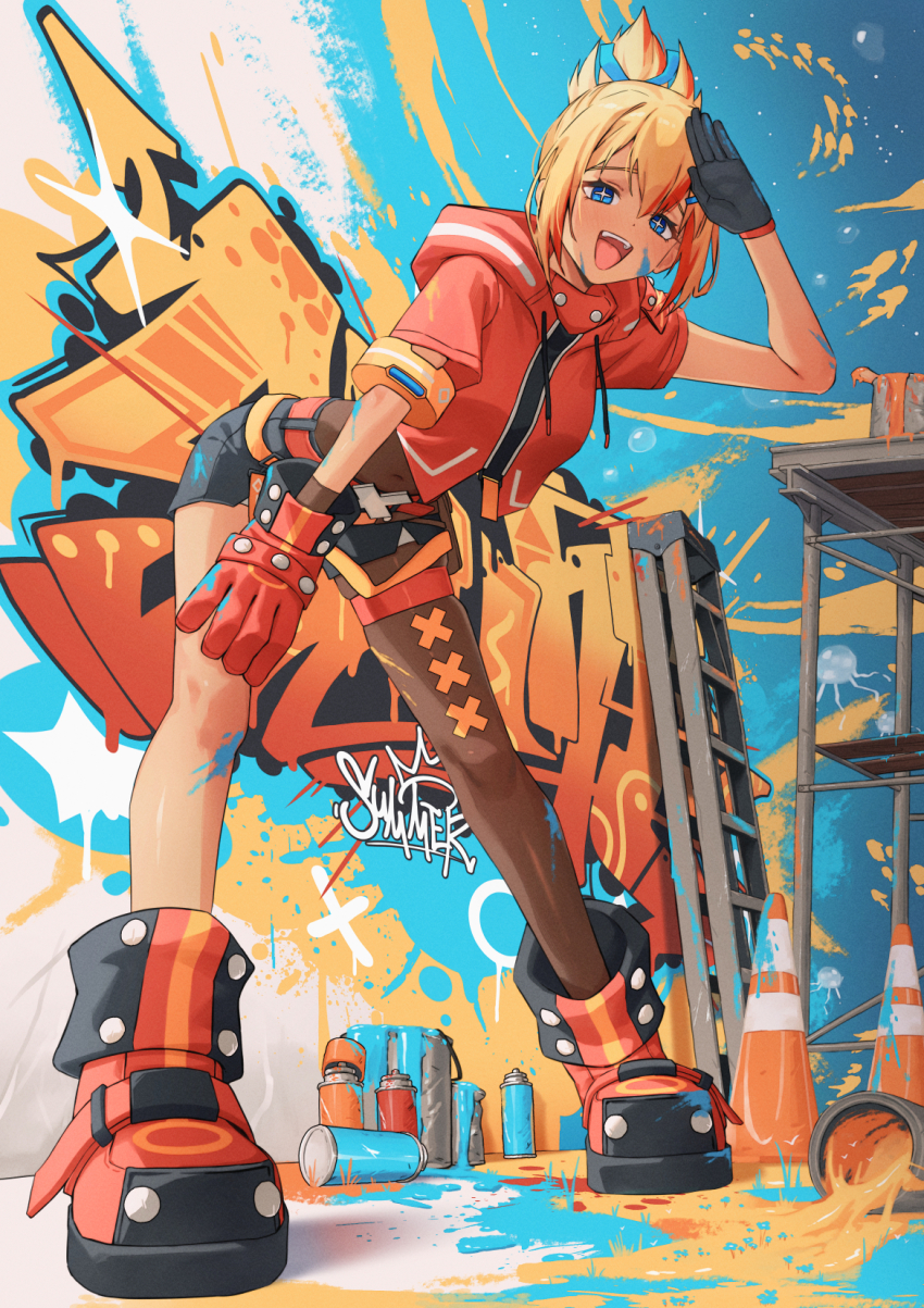 1girl asymmetrical_gloves belt black_gloves black_shoes black_shorts blonde_hair blue_eyes commission gloves graffiti highres hood hood_down hoodie kangbus leaning_forward mismatched_gloves multicolored_hair multicolored_shoes navel open_mouth original paint paint_on_body paint_on_clothes red_belt red_gloves red_hair red_hoodie red_shoes salute shoes short_hair shorts single_leg_pantyhose solo sparkling_eyes spray_can streaked_hair traffic_cone