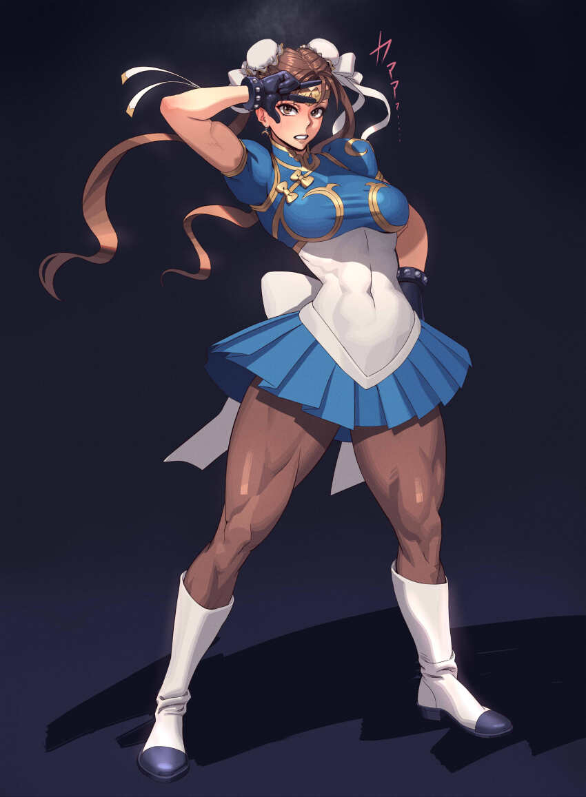 absurdres adapted_costume blue_skirt blush boots breasts brown_eyes brown_hair capcom chun-li circlet cosplay embarrassed highres large_breasts long_hair miniskirt muscular muscular_female ogami pleated_skirt sailor_moon sailor_moon_(cosplay) skirt street_fighter twintails w w_over_eye white_boots