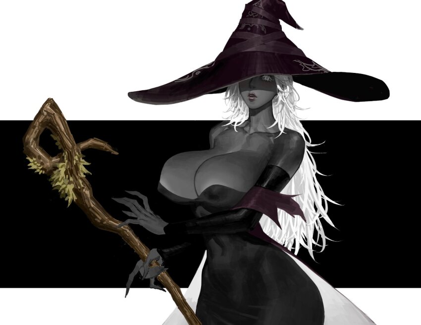 1girl black_skin breasts colored_skin dark-skinned_female dark_skin elden_ring elden_ring_nightreign fuin140p hat hat_over_eyes hat_over_one_eye highres large_breasts large_hat long_hair purple_hat purple_sleeves recluse_(elden_ring) very_dark_skin white_hair witch witch_hat wooden_staff