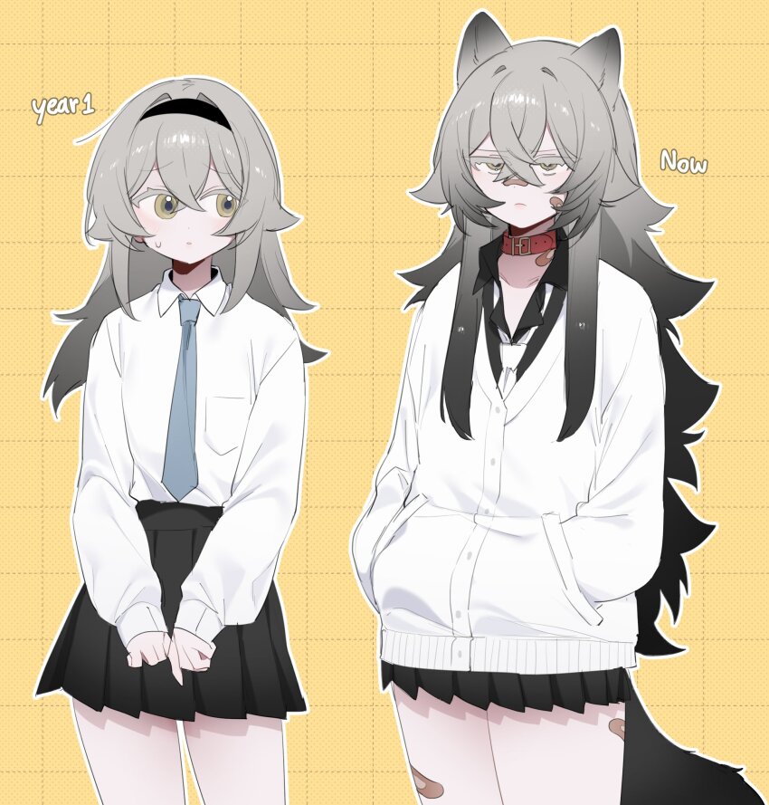 1girl animal_ears before_and_after black_hairband black_shirt black_skirt blue_necktie collar collared_shirt degrees_of_lewdity grey_hair grid_background hairband hands_in_pockets highres jacket kai_(drakkai10) long_hair necktie original pleated_skirt red_collar shirt shoya_(kai_(drakkai10)) skirt white_jacket white_necktie white_shirt yellow_background yellow_eyes