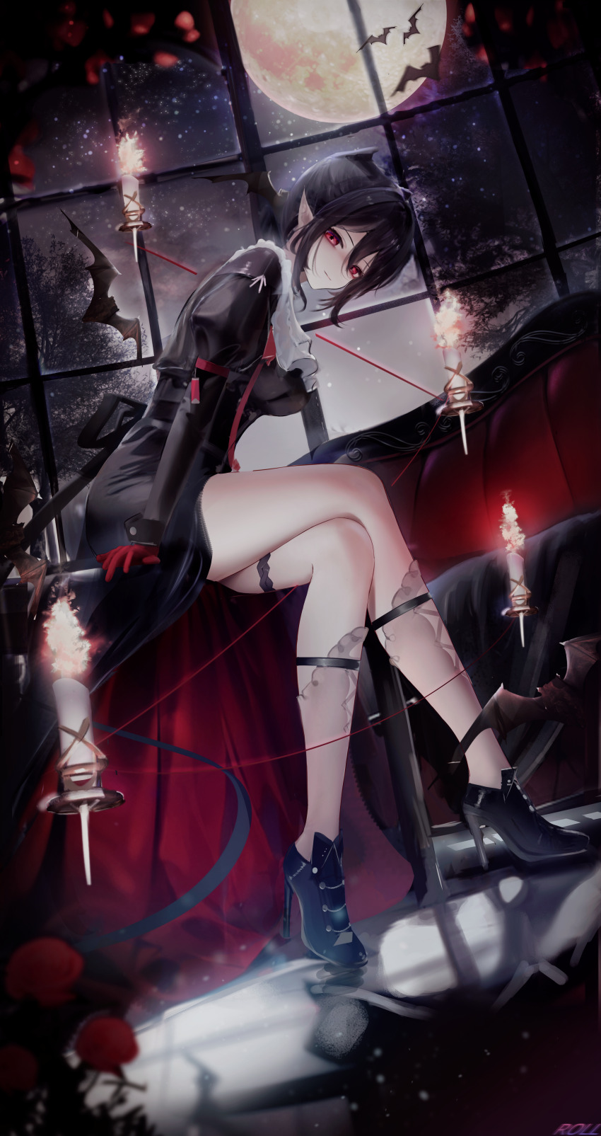 1girl absurdres arknights ascot bat_(animal) black_dress black_hair candle closed_mouth dress entelechia_(arknights) full_body full_moon g11_and_bang gloves hair_between_eyes hair_horns highres indoors juliet_sleeves long_sleeves looking_at_viewer moon pointy_ears puffy_sleeves red_eyes red_gloves short_hair sitting solo thigh_strap white_ascot
