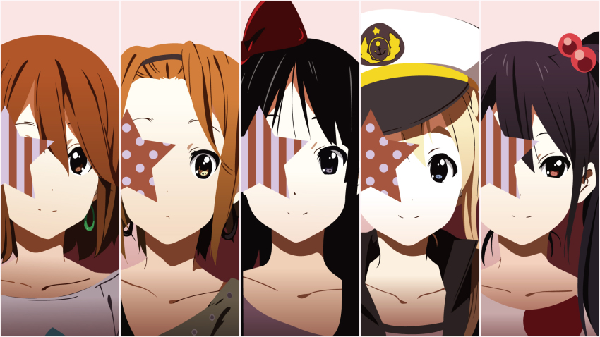 5girls akiyama_mio black_hair blonde_hair blue_eyes bow brown_eyes brown_hair earrings hair_bow hairband hat highres hirasawa_yui ho-kago_tea_time jewelry k-on! kotobuki_tsumugi listen!! long_hair multiple_girls nakano_azusa nano_(nanosize) nano_(sonanyl) peaked_cap star_(symbol) tainaka_ritsu