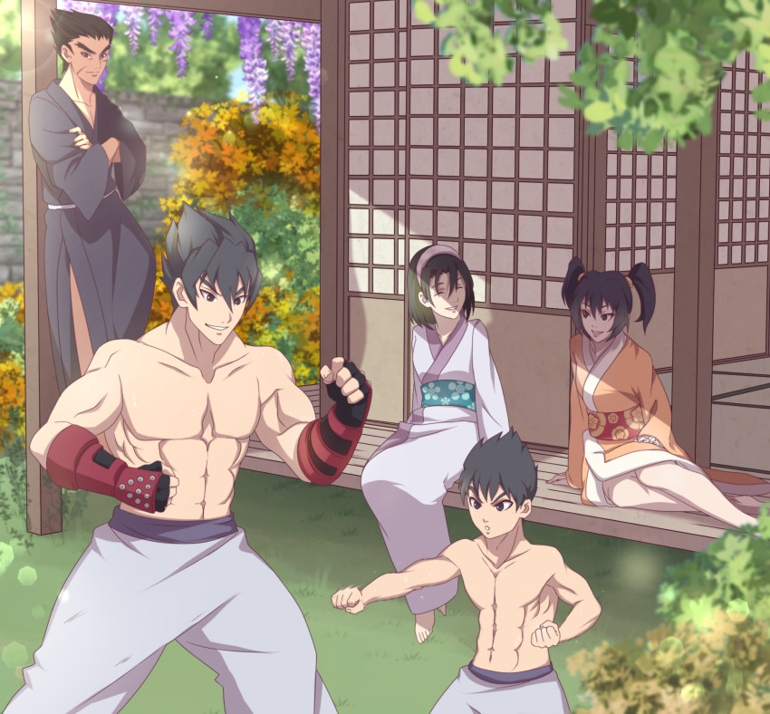 2girls 3boys black_hair brothers dojo family father_and_son highres japanese_clothes kassichan kazama_jin kazama_jun kazama_kazuki_(tekken) kazama_kazuto kimono ling_xiaoyu mishima_kazuya mother_and_son multiple_boys multiple_girls namco outdoors siblings tekken tekken_8